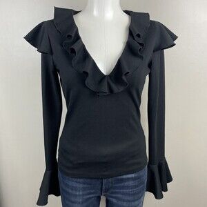 Y2K Vintage Bebe Size Medium Black Ruffled Neck Top Slim Fitting